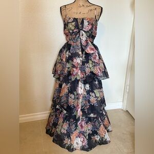 Aakaa Floral Ruffle Tiered Sweetheart Dress with bow